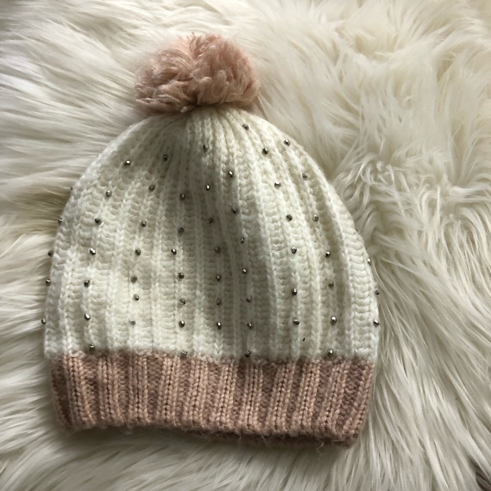 White and blush beaded Pom Pom Hat